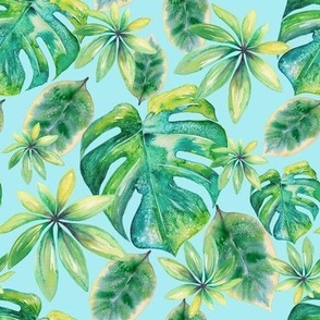 Watercolor Tropical Leaves on Blue