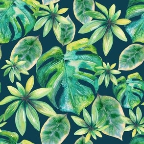 Watercolor Tropical Leaves on Dark Teal