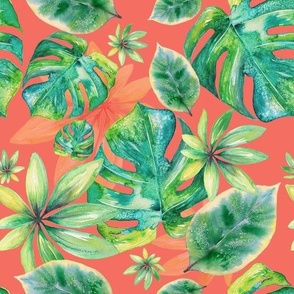 Watercolor Tropical Leaves on Coral