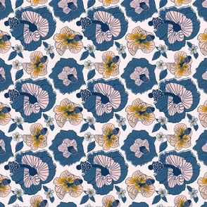 Bold blue hibiscus print with pastel pink, peach and pops of mustard