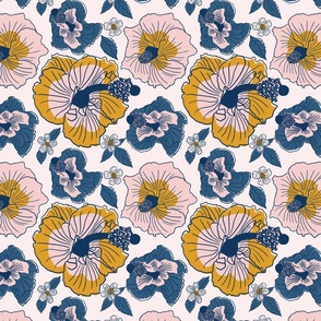 Hibiscus flowers in blue, pastel pink and pops of mustard