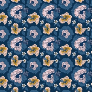 Bold hibiscus flowers in shades of blue, pastel pink and peach on midnight blue