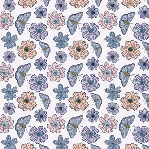 Daisies and butterflies in pastel pink, blue, peach and lilac