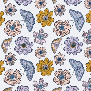 Daisies and butterflies in pastel pink, blue, peach and lilac with pops of mustard