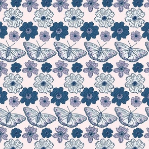 Butterflies and daisies in pastel pink and lilac with pops of blue