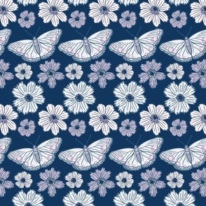 Pretty daisies and butterflies in pastels on midnight blue