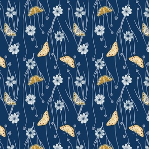 Whimsical yellow butterflies and pastel daisies on midnight blue