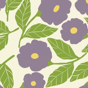  Purple flowers with green stems on cream - large