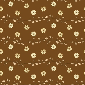 Whimsical pastel yellow daisies on dusky brown