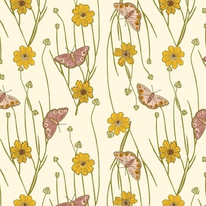 Whimsical pink butterflies and sunny yellow daisies on pastel yellow