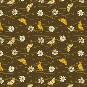 Yellow butterflies and whimsical daisies on dusky brown