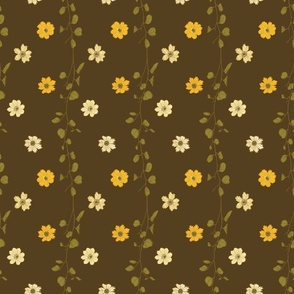 Whimsical pastel and bright yellow daisies on dusky brown