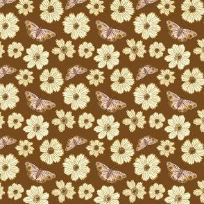 Whimsical pastel yellow daisies and pink butterflies on dusky brown