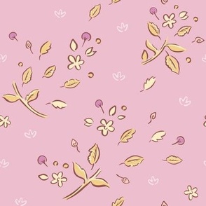 Scattered Leaves Loose Floral Simple Coordinate - Golden Yellow Over Pink