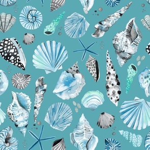 Sea shells Shellfish watercolor Turquoise blue Medium