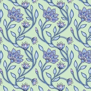 Indian Blue Florals on light bluish green - medium