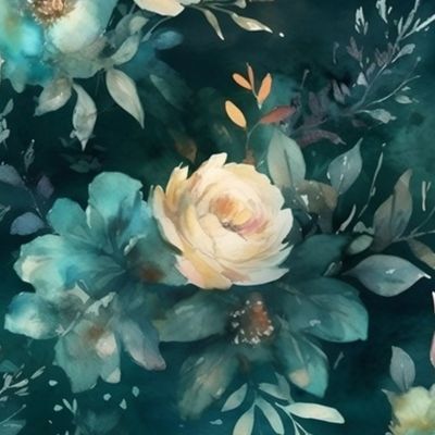 Teal Watercolor Florals 1