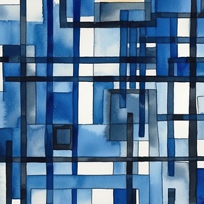 De_Stijl Geometric Primary Color Pattern in Blue Watercolor