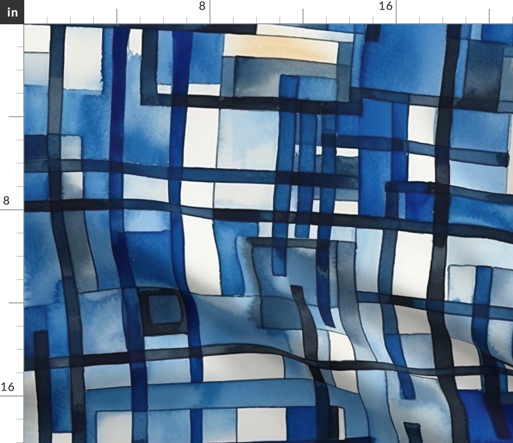 De_Stijl Geometric Primary Color Pattern in Blue Watercolor