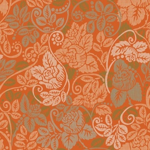 (M) Orange vintage roses, linen texture - retro boho floral - medium.