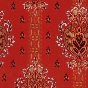 foliate medallion with stripes and motifs on red