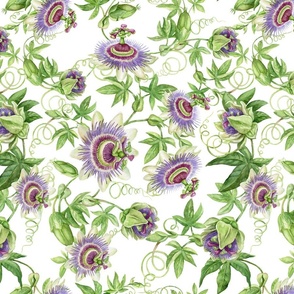 14" Exotic Watercolor Hand Painted Wildest Passionflowers Meadow-  white-      for home decor Baby Girl and tropical nursery fabric perfect for kidsroom wallpaper,kids room