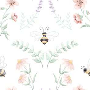 Watercolor Sweet As Honey Bumble Bee Summer Flower Garden // Mint, Watermelon Pink, Lavender, Sunshine // Jumbo