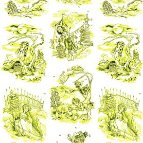 Simple Gothic Graveyard Toile -- Yellow Tone Gothic Halloween Modern Toile -- GYT009 -- 12in x 22.75in repeat -- 300dpi (50% of Full Scale)