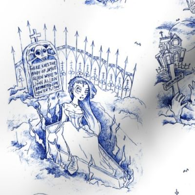 Simple Gothic Graveyard Toile -- Blue Willow Gothic Halloween Modern Toile -- GYT007 -- 12in x 22.75in repeat -- 300dpi (50% of Full Scale)