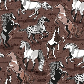 Normal scale // Horses in the wind // medium brown taupe textured background black grey and brown beautiful line contour creatures toile look