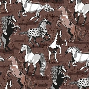 Small scale // Horses in the wind // medium brown taupe textured background black grey and brown beautiful line contour creatures toile look
