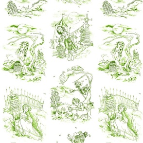 Simple Gothic Graveyard Toile -- Ghost Green Gothic Halloween Modern Toile -- GYT005 -- 12in x 22.75in repeat -- 300dpi (50% of Full Scale)