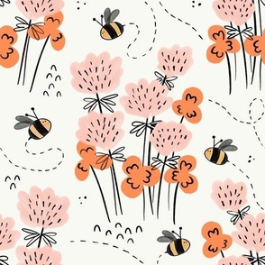 LARGE Cute Modern Doodle Bees and Clovers - Pink and Orange on a creamy white background 