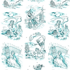 Simple Gothic Graveyard Toile -- Dark Aqua Blue Gothic Halloween Modern Toile -- GYT002 -- 12in x 22.75in repeat -- 300dpi (50% of Full Scale)