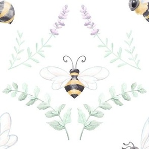 Watercolor Sweet As Honey Bumble Bee Herb Garden // Mint, Lavender, Sunshine // Medium 
