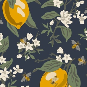 Custom Bees & Lemons - Jumbo - Dusty Navy - Dusty Green Leaves 