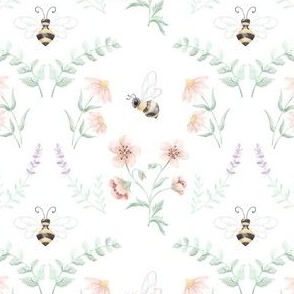 Watercolor Sweet As Honey Bumble Bee Summer Flower Garden // Mint, Watermelon Pink, Lavender, Sunshine // Small