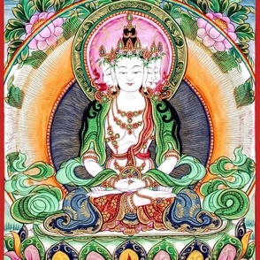 4 four faced Bodhisattva Buddha Buddhism  religion god deity Lotus cross legged position Meditating praying pink flowers floral leaves altar throne sun moon fire karma wheel ornate gold crowns earrings necklaces bracelets halo garden pearls ancient chinoi