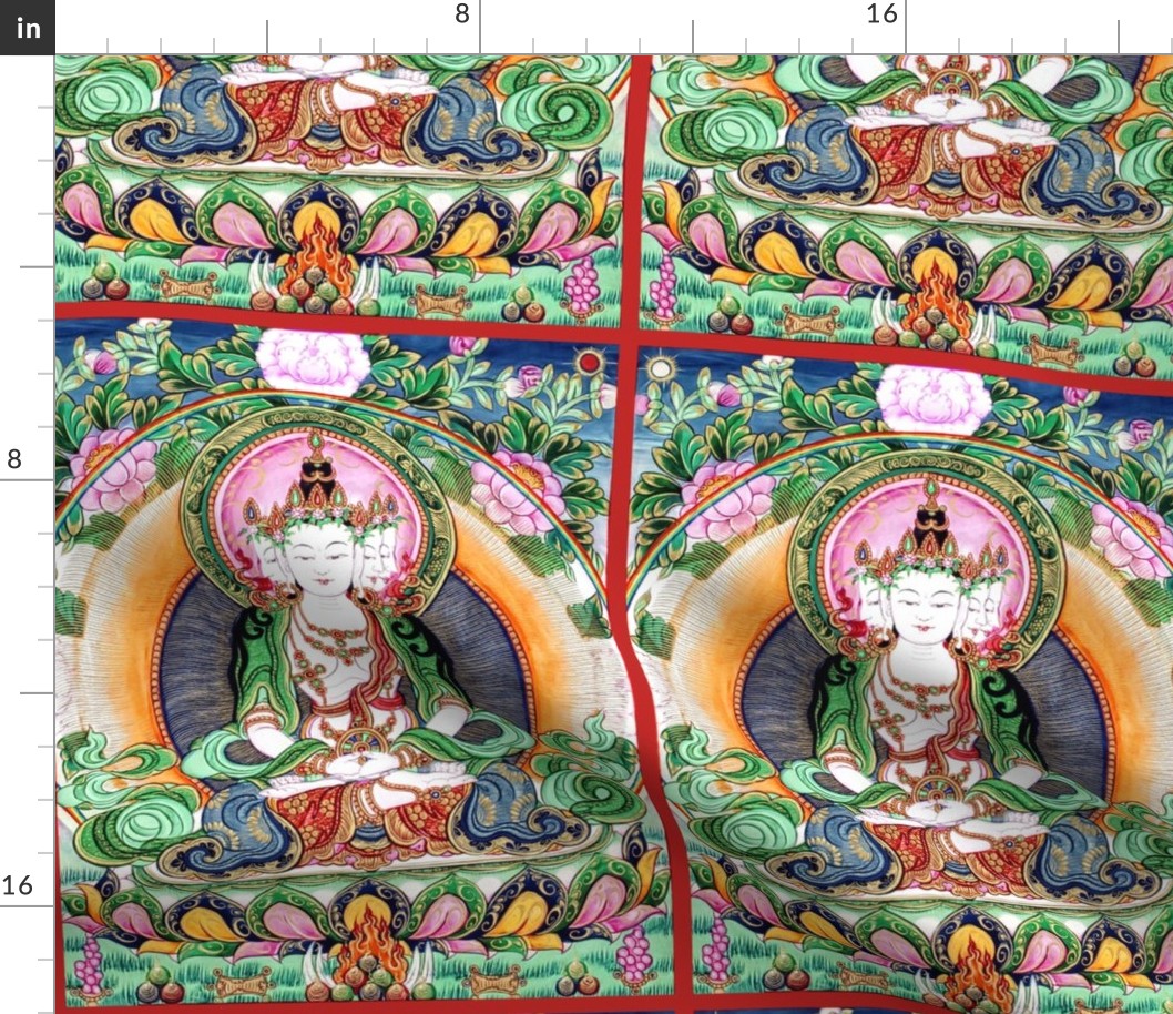 4 four faced Bodhisattva Buddha Buddhism  religion god deity Lotus cross legged position Meditating praying pink flowers floral leaves altar throne sun moon fire karma wheel ornate gold crowns earrings necklaces bracelets halo garden pearls ancient chinoi