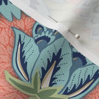 Traditional Jacobean floral in blue, green and coral
