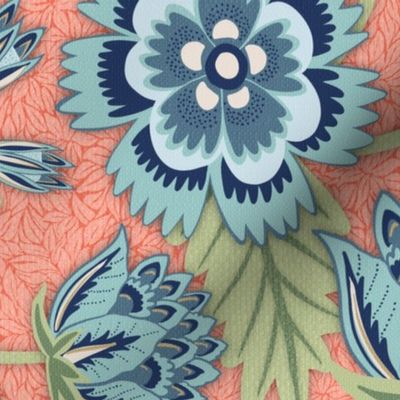 Traditional Jacobean floral in blue, green and coral