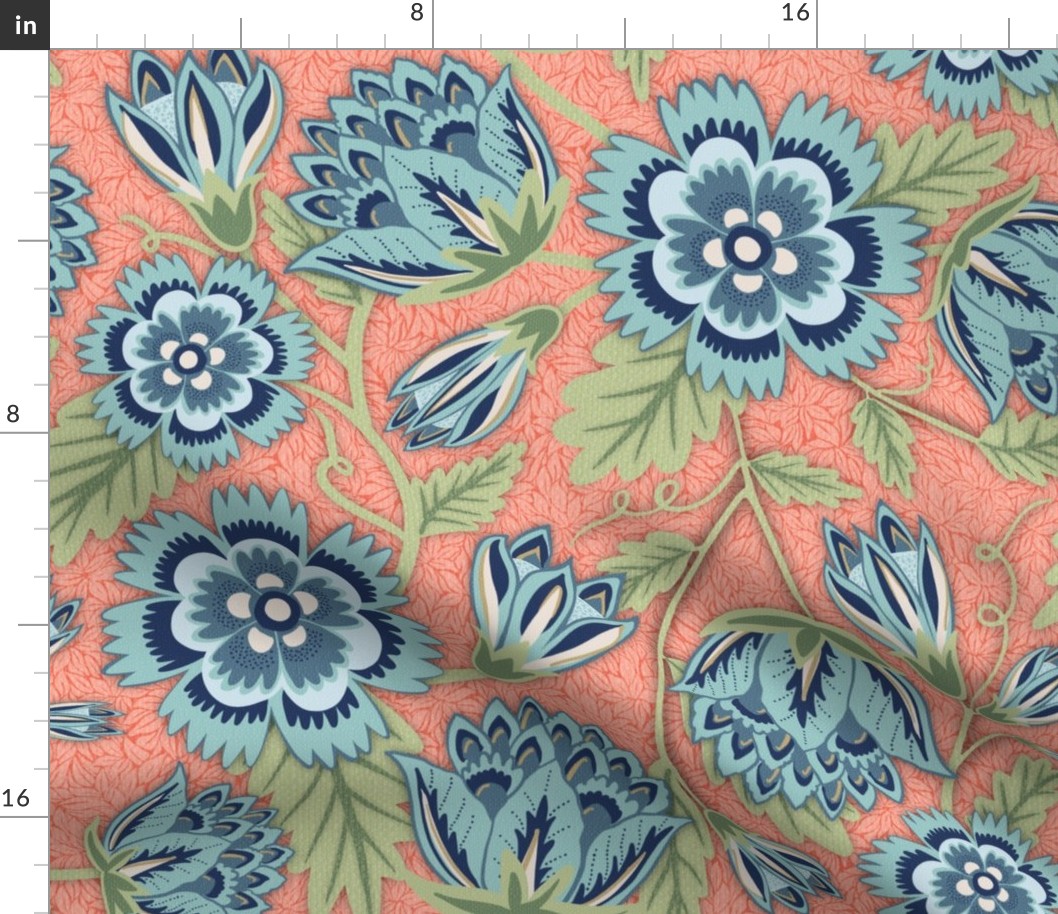 Traditional Jacobean floral in blue, green and coral