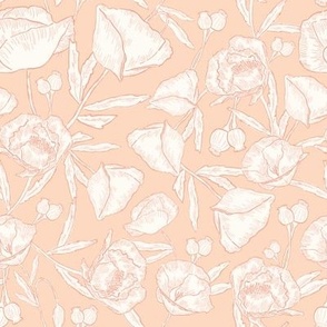 Hand drawn white poppies on light peach pink fabric