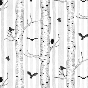 large - Owls in the birch trees forest - black and white drawing