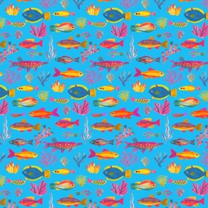 small Underwater Sea World with colorful fishes ocean blue nautical