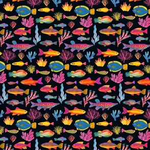 small Underwater Sea World colorful fishes deep black