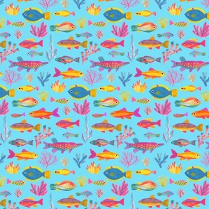 small Underwater Sea World colorful fishes sky blue nautical