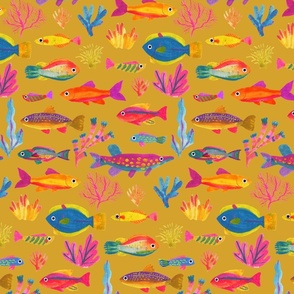 Large Underwater Sea World colorful fishes mustard yellow