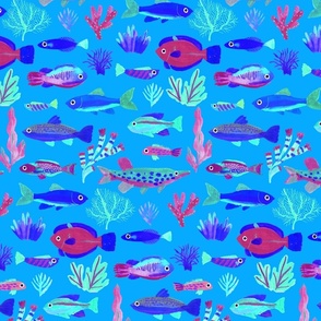 Large Underwater Sea World colorful fishes blue monotones