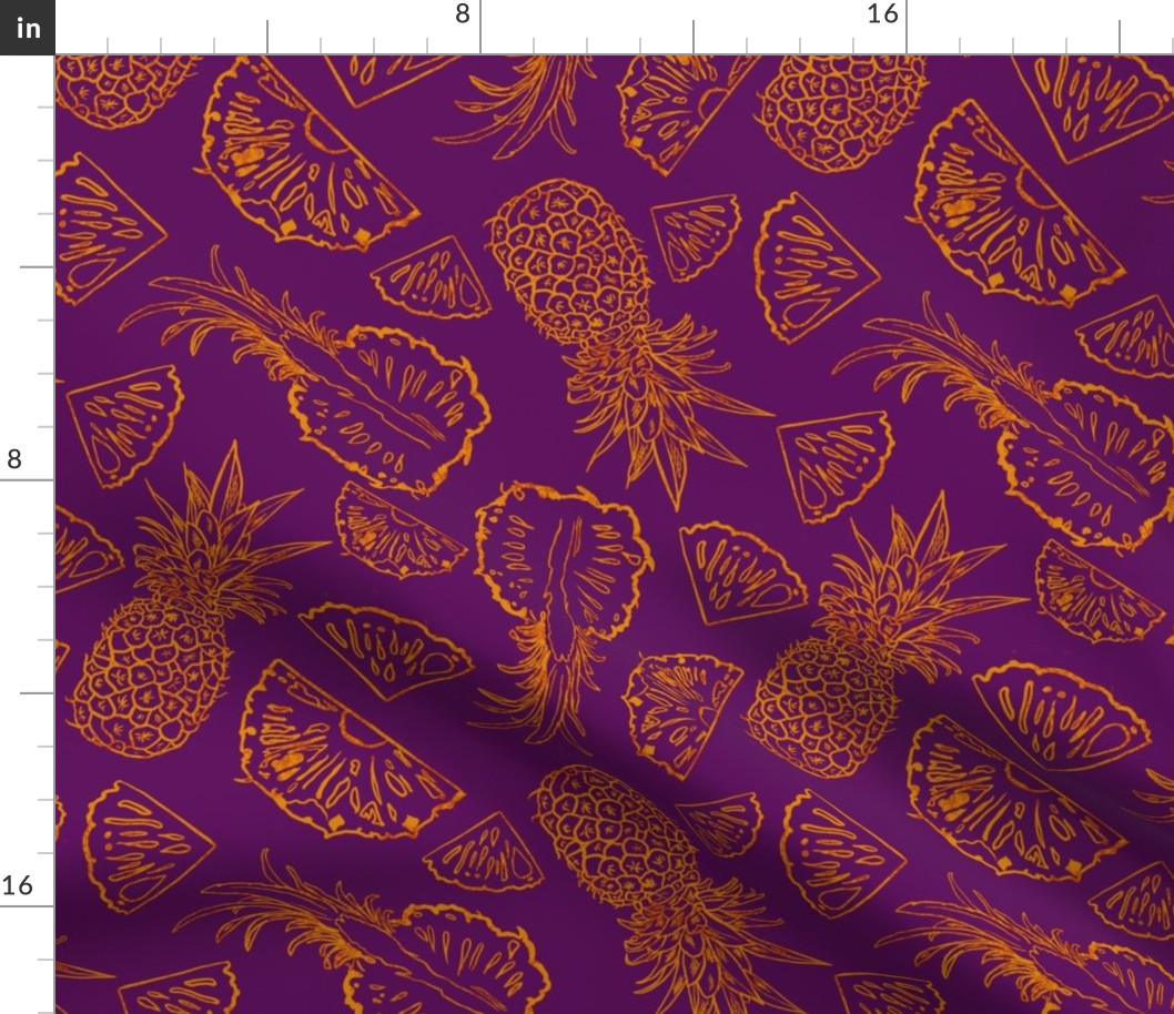 Golden tossed scattered pineapples line drawings on  amethyst purple  small 12” repeat 
